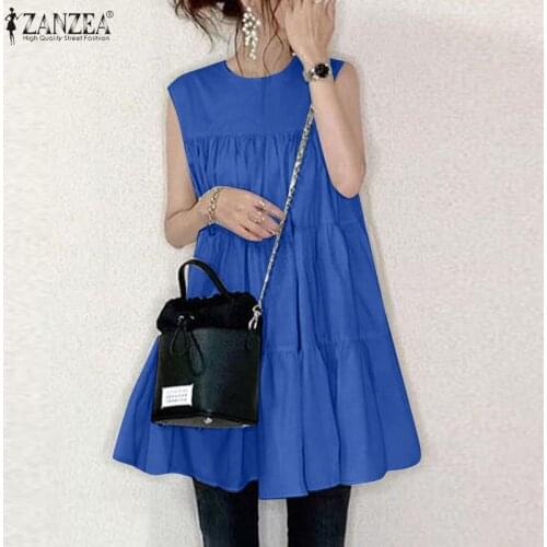 ZANZEA 2021 Ruffle Tops Elegant Womens Summer Solid Blouses Casual Sleeveless Tank Tunic Female O Neck Chemise