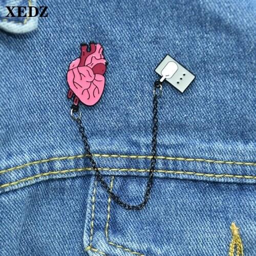 XEDZ Heart Chain Series Custom Metal Enamel Pin Siamese Badge Cartoon Organ Lapel Clothes Bag Brooch Fun Jewelry Gift for Friend