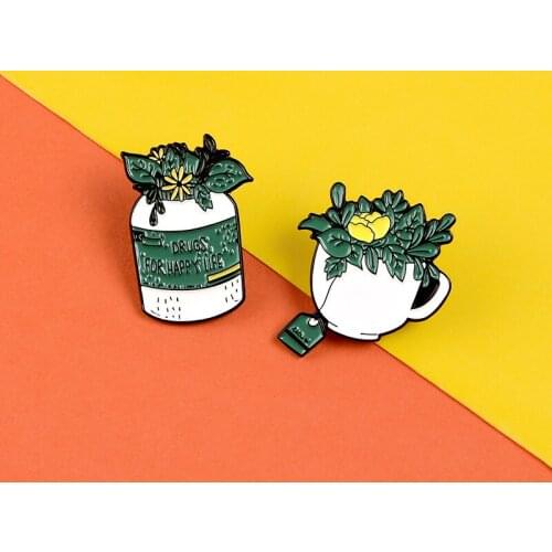 Green Plant Pins Wholesale Drugs for Happy Life Brooches Bottle Cup Leaf Enamel Pin Custom Made Backpack Lapel Badge Gift