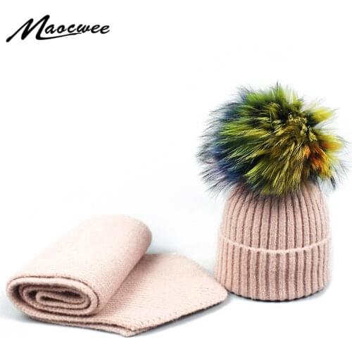 Women Hat Children Scarf Hat Set PomPon Knitted Skullies Beanies Cap Autumn Winter Warm Unisex Solid Color Raccoon Outdoor