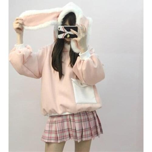 2020 Winter autumn new Japanese soft girl sweet hooded rabbit ears pink long sleeve lolita sweater women