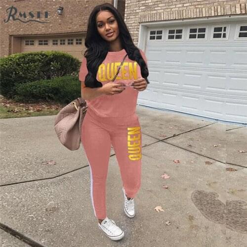 RMSFE 2021 European And American Womens Short Sleeve Round Neck Gilt Letter Fashion Leisure Sports Suit Set