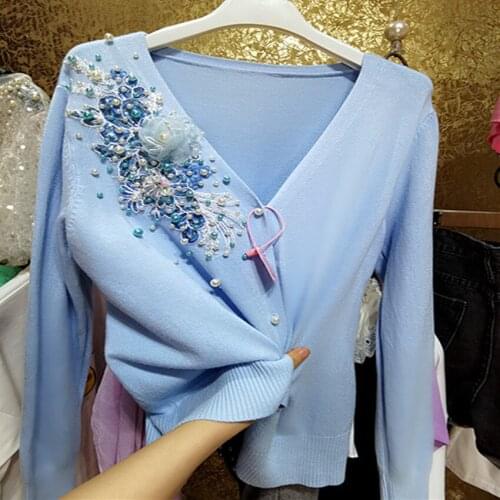 Luxury heavy beaded knitted cardigan women v-necl three-dimensional sequined flower outwear