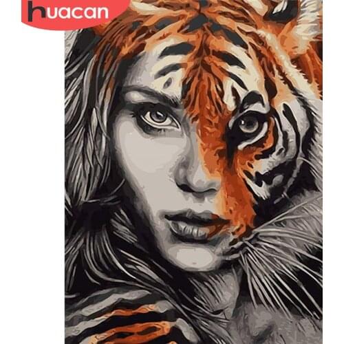 HUACAN 5D DIY Diamond Embroidery Girl Mosaic Rhinestone Woman Full Square Diamond Painting Tiger Home Decoration