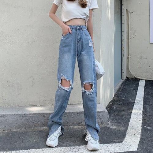 Capris Wide-Legged Hole Korean Vintage Clothes WomenS High Waist Trousers Fashion Jeans Pants For Girls Streetwear 2021 Autumn