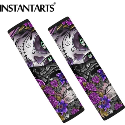 INSTANTARTS Day of the Dead Sugar Skull Printed Set of 2 Shoulder Strap Pads Fit Most Vehicle Seat Belt Sets Covers Seatbelt Pad