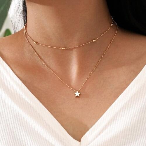 Gold Color Star Pendant Necklace Double Chain Choker Clavicle Chains 2020 Fashion Jewelry Layered Necklaces Female New