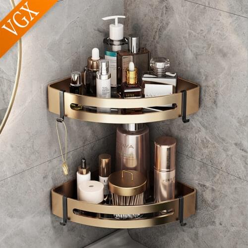 VGX Corner Triangle Shower Storage Basket Shelves Wall-Free Punching Rack Bathroom Accessories Aluminum Brushed Gold L73301
