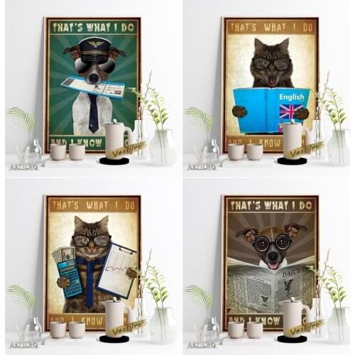 Spoof Humor Animal Personification Illustration Vintage Poster Lovely Kitten Puppy Print Canvas Painting Cat Dog Lovers Decor