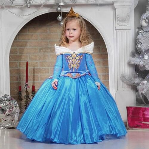 VOGUEON Girls Aurora Princess Dresses Straps Lace Flower Sleeping Beauty Cosplay Costume Child Christmas Long Ball Party Clothes