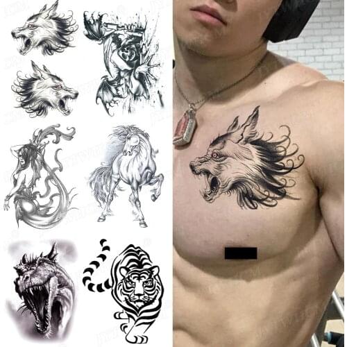 Wolf Head Black Sketch Chest Temporary Tattoo Woman Sticker The Flash Realistic Bodymark Waterproof Fake Tattoo Body Art Sticks
