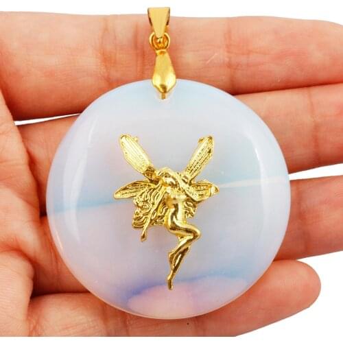 Reiki Healing Stone Opalite Angel Fairy Pendant Gold Color Charms For Jewelry Making Necklace Accessories