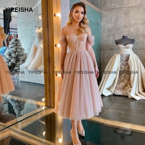 Yipeisha Tea-length Prom Dresses Off Shoulder Shiny Tulle Custom Made Illusion Evening Gown Party Dress for Graduation 2021