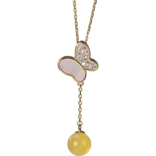 S925 sterling silver gold-plated natural amber set chain light luxury temperament butterfly round beads ladies clavicle chain