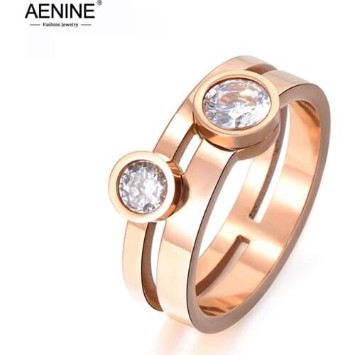 AENINE Rose Gold Round Shape Double Cubic Zirconia Crystal Titanium Steel Engagement Wedding Rings For Women Bague Femme AR17061