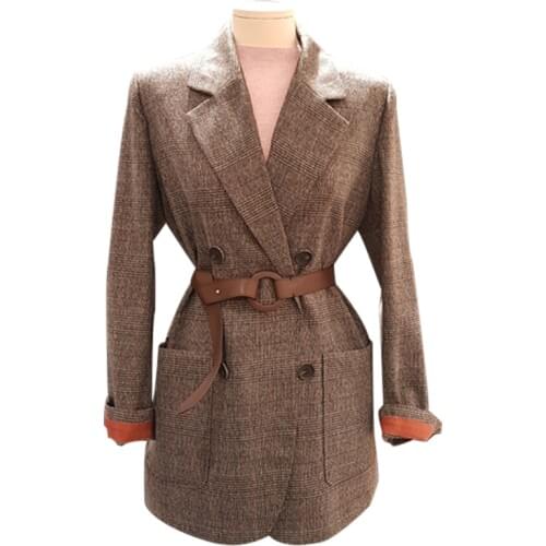 Women woolen Blazer Plaid double breasted Notched Regular Length Pockets Full Sleeve Sashes Korean Office Lady Winter