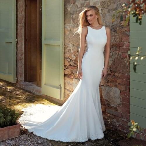 2020 Thinyfull New Arrival Satin Mermaid Wedding Dress Sleeveless O Neck Court Train Bridal Gown Lace Applique Vestido De Novia