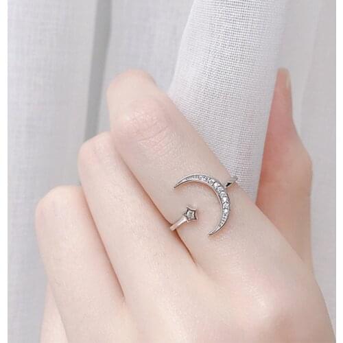 Trendy 925 Sterling Silver AAA Zircon Star Moon Opening Ring For fashion Jewelry Women Minimalist Wedding Finger Ring R003