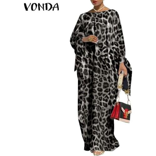 VONDA 2021 Women Kaftan Dress Vintage Leopard Printed Party Long Maxi Dress Casual Long Sleeve Pleated Vestido Oversized Robe