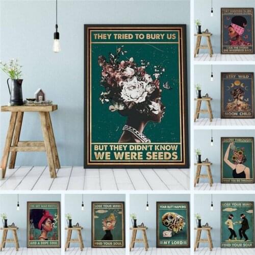 Abstract Girls Canvas Painting Retro Poster Lose Your Mind Find Your Soul Inspirational Quote Art Prints Vintage Home Room Decor