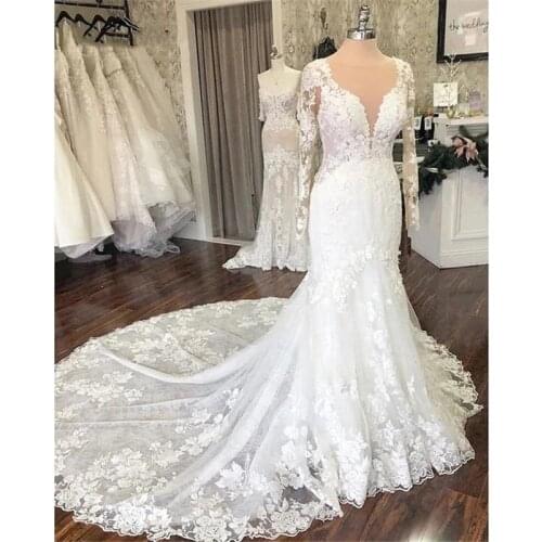 ANGELSBRIDEP Lace Mermaid Wedding Dresse Vestido De Noiva Sexy See-through Neck Formal Long Sleeves Bride Dresses Plus Size