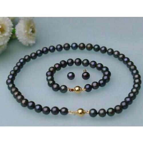Free Shipping 7-8mm black Real Natural Freshwater Pearl Necklace Bracelet Earrings Jewelry Set