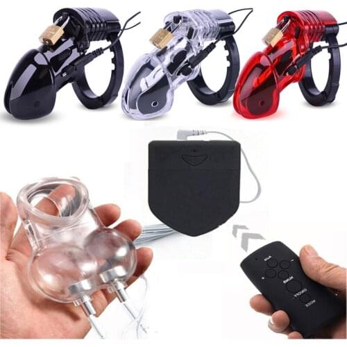 Wireless Remote Control Electro Shock Cock Cage Penis Ring Male Chastity Device Lock Scrotum Sleeve Ball Stretcher Sex Toys