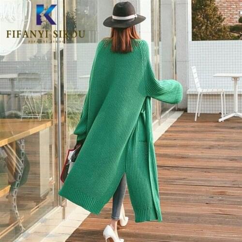 Korean style Women Knitting Sweater Long Cardigan Coat Fashion Pocket V-Neck Loose Knit Cardigans Female Sweaters Autumn Winter