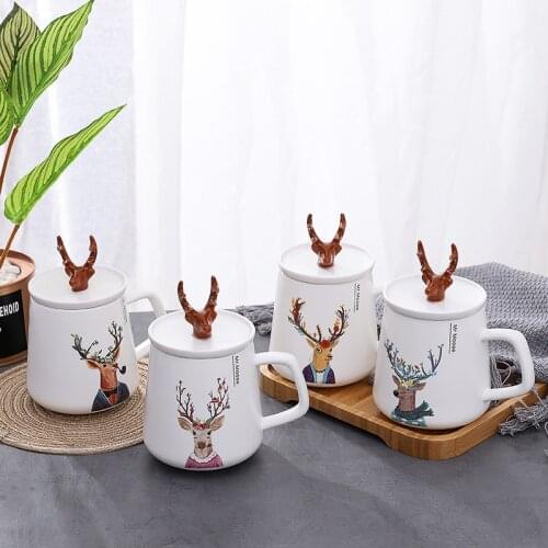 Cartoon Animal Elk Mug Ceramic Handgrip Water Mark Cup Nordic Milk Coffee Breakfast Cup 3D Cup Lid Creative Cup
