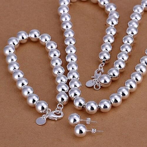 S082 925 Hot Selling Silver Color Jewelry Sets For Women Fashion Jewelry Set 10Mm Bean Three-Piece /ajnajaua Avfajmma