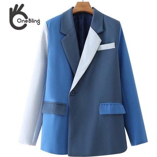 OneBling 2021 Za Woman Casual Traf Jacket Autumn Blue Patchwork Single Button Elegant Fashion Office Lady Blazers Female Coats