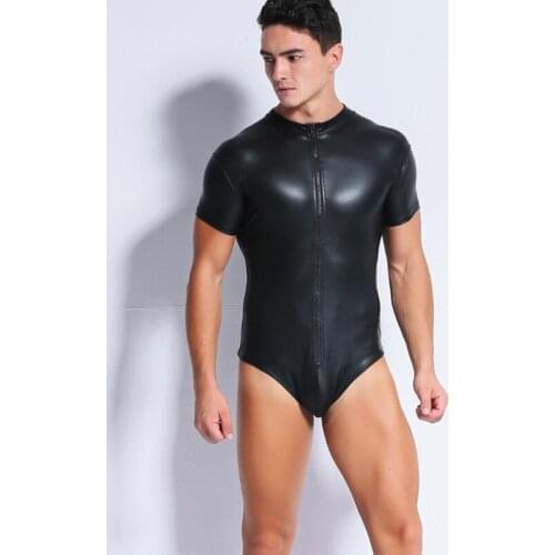 Mens Sexy Bodysuit Lingerie Plus Size Zipper Stretch PU Leather Bodycon Shorts Leotard Jumpsuit Wet look Catsuit Sexy Clubwear
