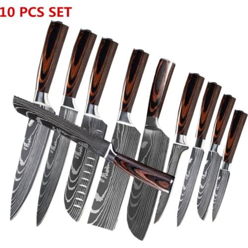 DAOMACHEN 10 Pcs Set Kitchen Knives Laser Damascus pattern Cchef knife Sharp Santoku Cleaver Slicing Utility Knives