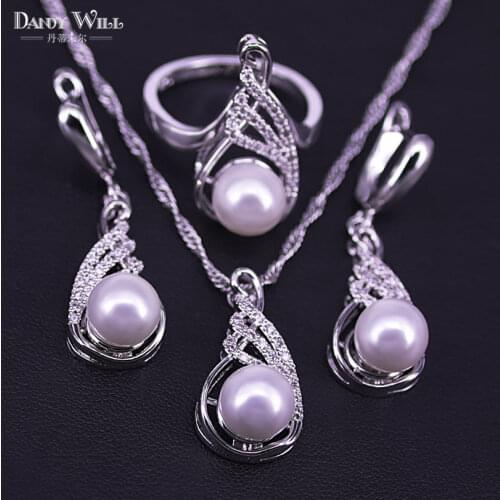Freshwater Pearl Beads Jewelry Set Silver Color Jewelry wedding decoration For Women Earrings/Pendant/Ring/Necklace Set