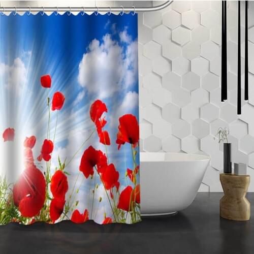 New Red Poppies Flowers Custom Shower Curtain With Hooks Fabric Bathroom Curtain eco-friendly Waterproof shower curtain