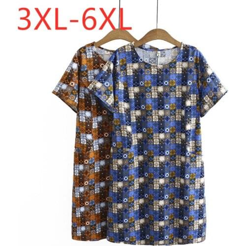 New 2021 summer plus size tops for women large short sleeve loose O neck blue cotton linen plaid long T-shirt 3XL 4XL 5XL 6XL