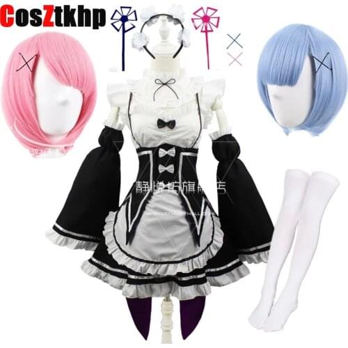 Ram/Rem Cosplay Re:zero Kara Hajimeru Isekai Seikatsu black blue red Costume Maid Servant Dress wigs women Grils wig Halloween