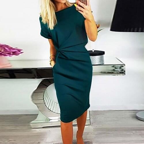 Women Summer Pocket Dress Cool Solid Color Knot Dresses Formol Party Short Sleeve Elegant Dress O-neck Knee-length Dresses
