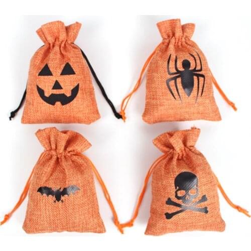 Halloween Gift Wrap Bat Pumpkin Skull Linen Burlap Candy Drawstrings Bag Pocket Trick or Treat Snacks Storage Bags SN1432