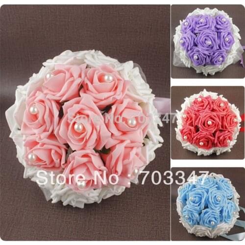 Factory Direct Sale!!(8pcs/lot) Wedding Bouquet for brides bridesmaid flowers Polyester Foam roses w/pearl center decoration