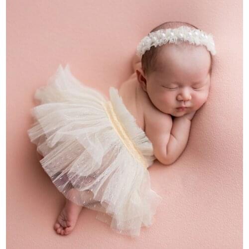 Newborn baby Photography Props Lace tutu Skirt Pearl Headband Set infant Toddler girl Photo Shooting Costume Mesh ball gown
