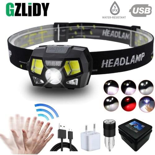 Super bright LED headlamp built-in inductive sensor USB rechargeable 6 lighting mode LED headlight for running, fishing, etc