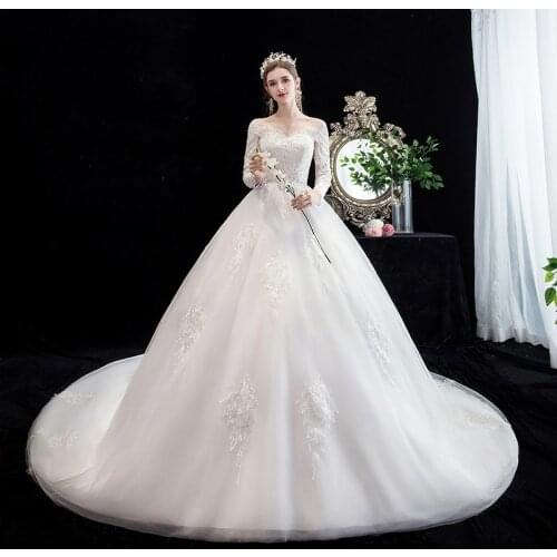 Wedding Dress 2021 New Elegant Full Sheeve Lace Up Ball Gown Princess Luxury Lace V-neck Wedding Dresses Customize