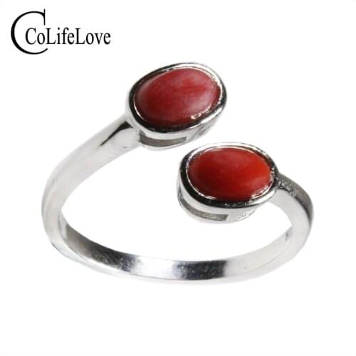CoLife Jewelry 100% Natural Red Coral Ring 2 Two Pieces 4*6mm Precious Coral Silver Ring 925 Silver Red Coral Jewelry