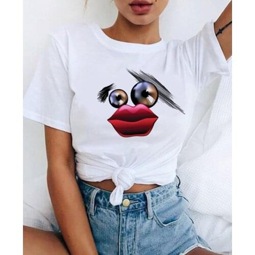 2021 New Summer Women T Shirt Sexy Mouth Graphic Print Casual Short Sleeve Korean Fashion Aesthetic Tees Female Ladies Tshirts