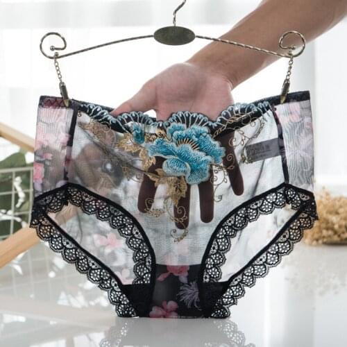 2021 New Ladies Lace Embroidery Sexy Breathable Hip Panties Women Peony Flowers Transparent Mesh Cotton File Low Waist Briefs