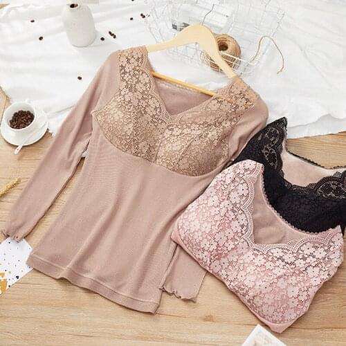 Women 2021 Autumn Winter Warm Tops Thermal Underwear for Ladies Lace Padded Basic Shirt Femme Body Shape Lingerie Layers A407
