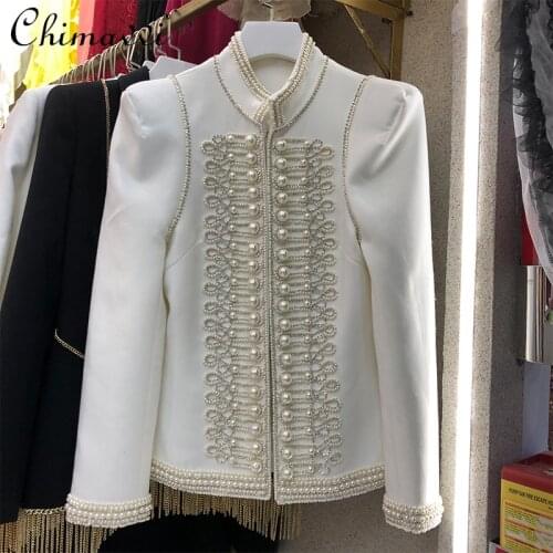 European Style Elegant Blazer Suit Feminine 2021 Autumn/Winter Heavy Stand Collar Long Sleeve Coat Pearl Ol Retro Womens Tops