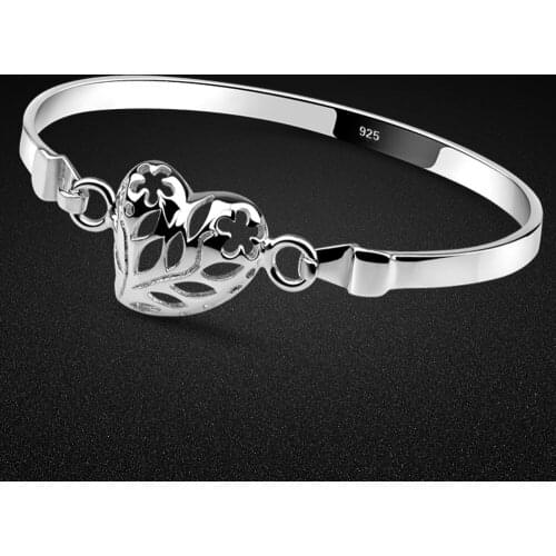Womens 925 Silver Bracelet-Classic Heart Pendant Bracelet-Open Sterling Silver Bracelet-Valentines Gift-Femal Jewelry Pulsera