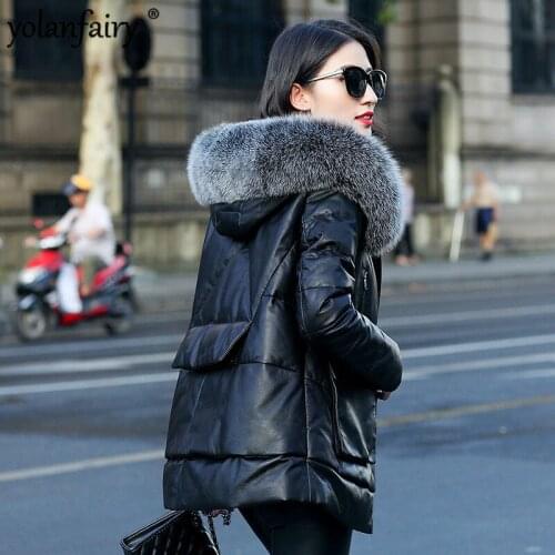 Genuine Leather Jacket Women Fox Fur Hooded Winter Clothes Real Sheepskin Down Coat Warm Jackets Veste Femme ZM-069 KJ3134